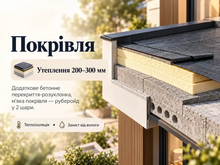 Покрівля: утеплення 200–300 мм