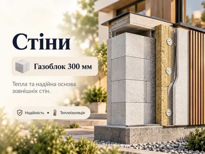 Стіни: газоблок 300 мм